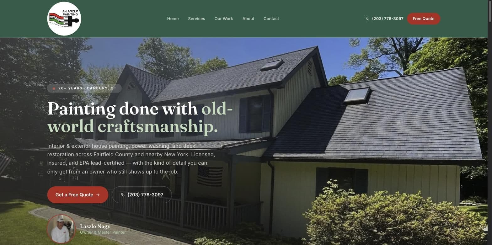 A-Laszlo Painting homepage: a freshly painted colonial house behind the headline “Painting done with old-world craftsmanship,” with Get a Free Quote and phone buttons