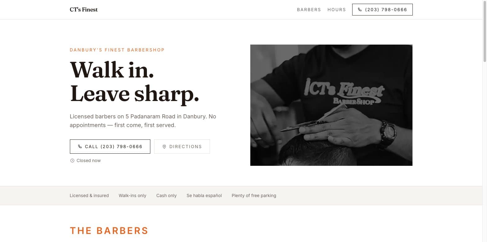 CT's Finest Barber Shop homepage with the headline “Walk in. Leave sharp.” beside a barber at work and call and directions buttons