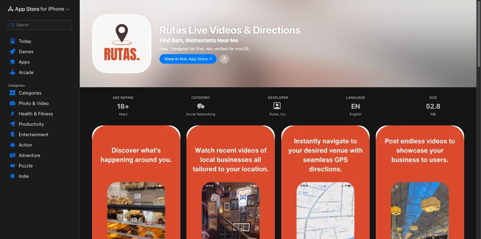 Rutas Live Videos & Directions App Store listing with the app icon and iPhone previews