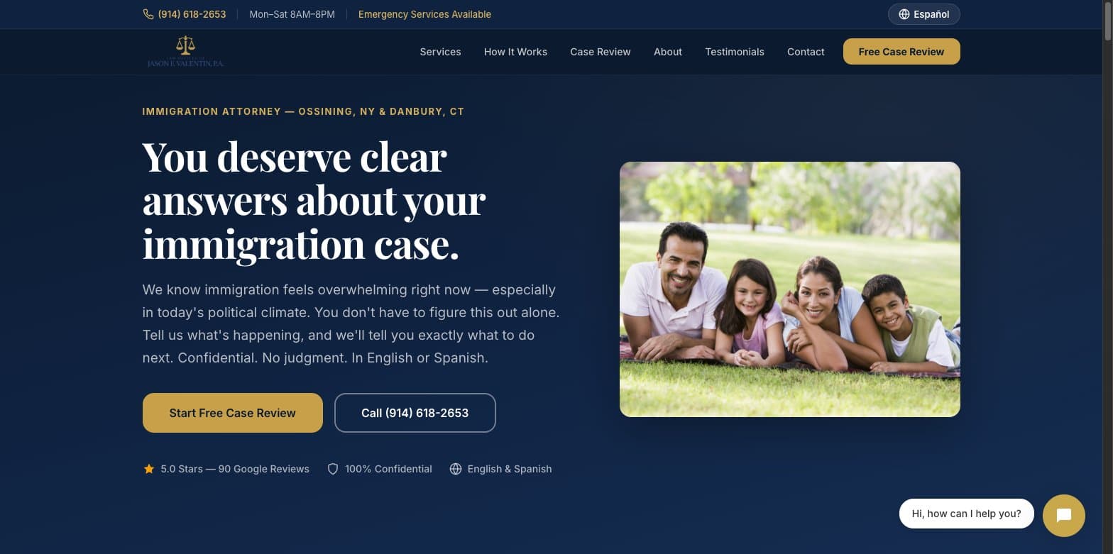 Valentin Law Office homepage with immigration case guidance, a family photo, and a free case review button